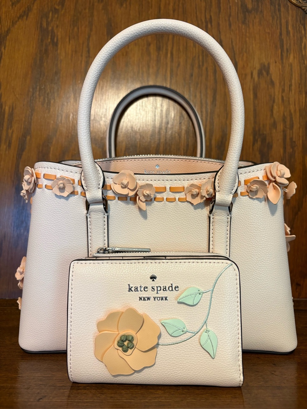 kate spade Cream Floral Appliqué Satchel with Peach & Mint Accents